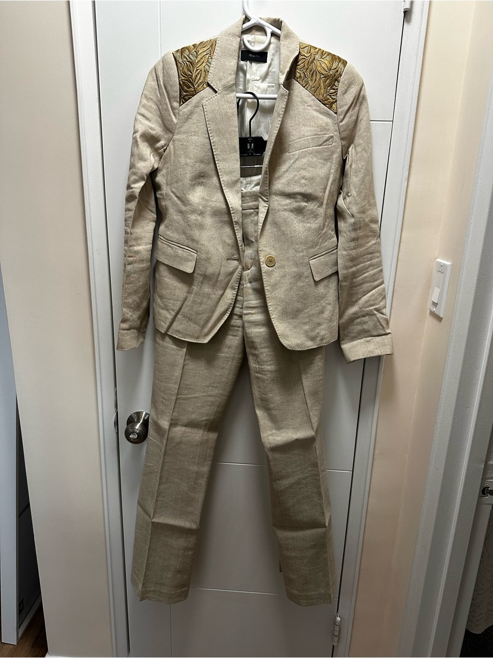 Beige Woman’s Two-Piece Blazer and Trouser Suit with Embroidered Shoulder Detail